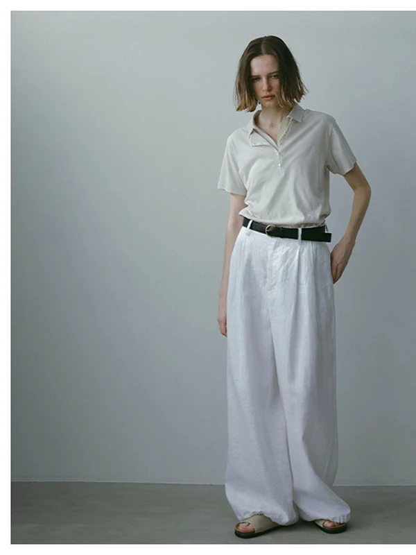 Japanese Design Sensation Commute OL Simple High Waist Linen Casual Wide Leg Pants Drawstring Cuffed Long Trousers Women