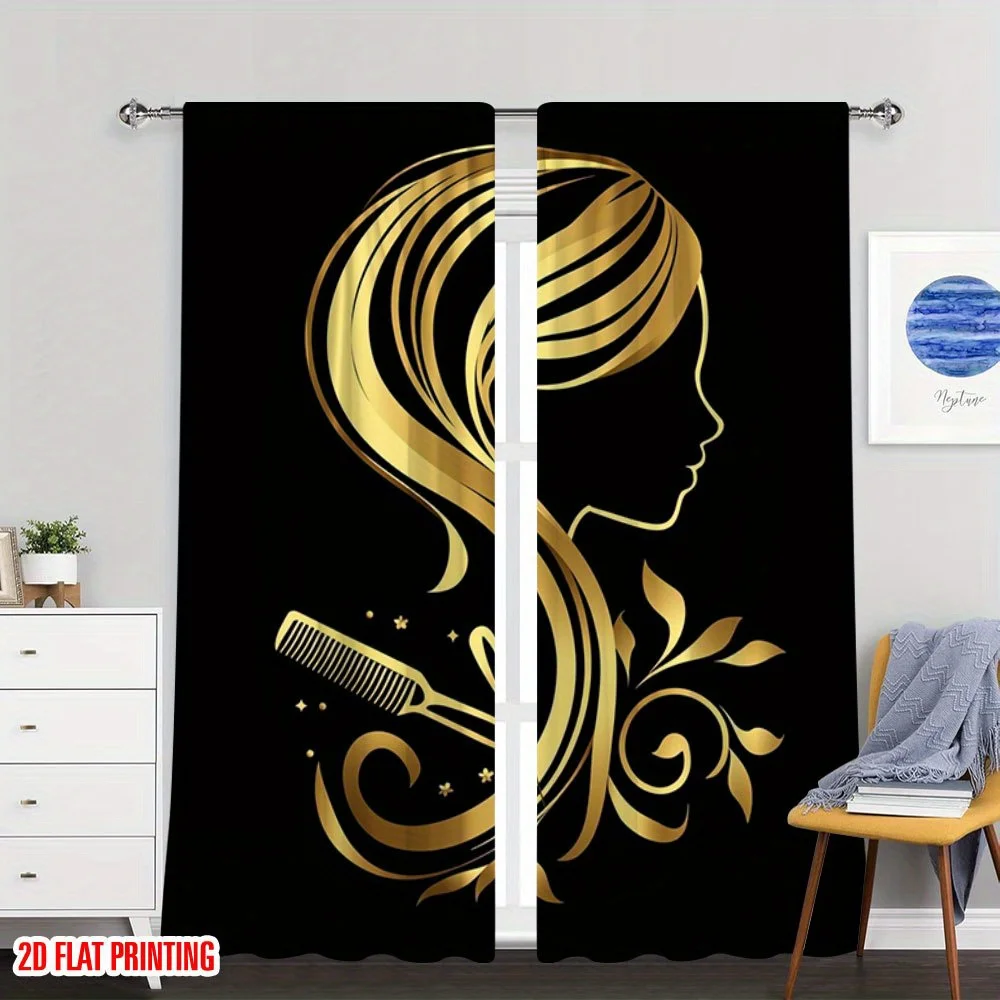 Gold Hair Salon Curtain, Barber Shop Beauty Silhouette Print Drape, Black Luxury Window Treatment for Hairdresser Store Decor