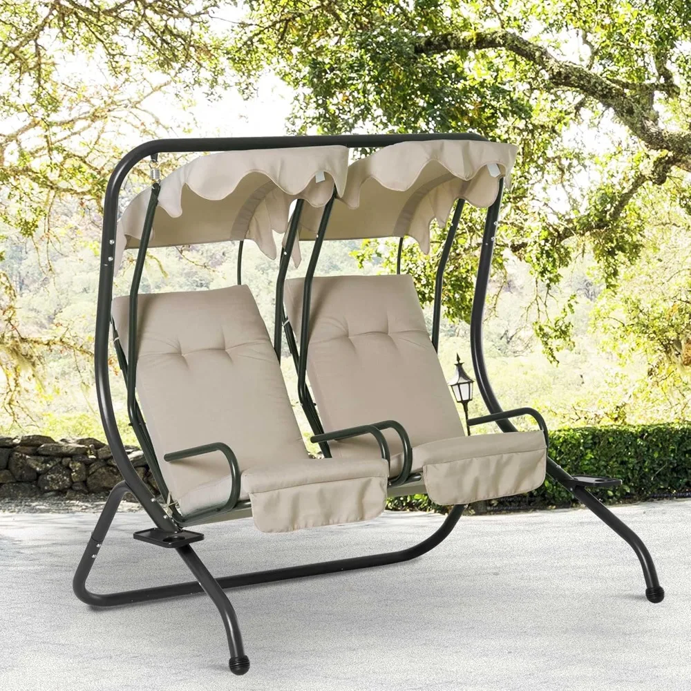 Outsunny Patio Swing Chair with 2 Separate Seats, Outdoor Swing Glider with Removable Canopy and Cup Holders, for Porch, Garden