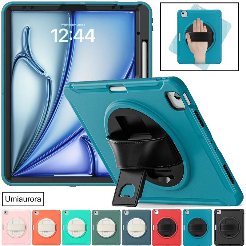 For IPad Mini 7 Pro 11 12.9 13 inch M4 Air 6 5 4 10.9 Tablet Case 360 Rotation Hand Strap Stand Shockproof PC Rugged Cover Funda