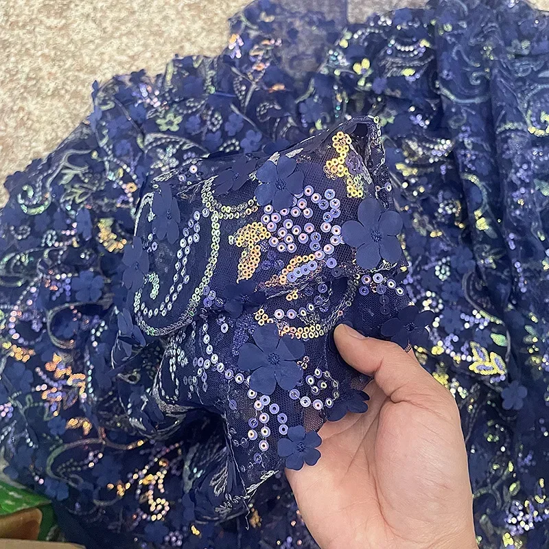 130cm Wide Mesh Embroidery Sequin 3D Flower Tulle Fabric DIY Dress Clothing Handmade Bow Material for Decoration Clothes Crafts