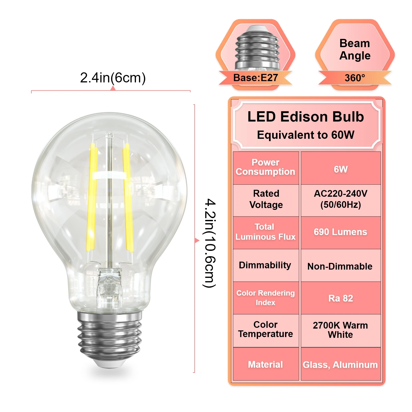 Retro Edison Filament Bulb E27 A60 220V 2700K Warm White 690LM Vintage Led Lamp Non-Dimmable 6Pacs Indoor Outdoor Light