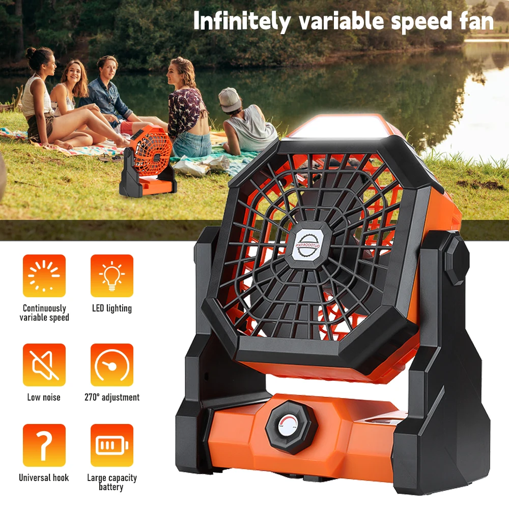 Portable USB Rechargeable Camping Fan 7800mah Battery Powered Outdoor Cooling Fan with LED Light Lantern Hook For Tent Car Trip