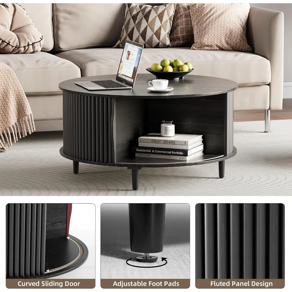 Mid-Century Modern Fluted Coffee Table with Storage for Living Room, Hidden Compartment Design