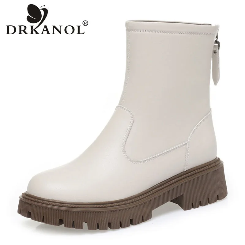 DRKANOL Fashion Winter Warm Shearling Wool Snow Boots Women Thick Heel Platform Back Zipper Fur Mid Calf Non-Slip Platform Boots