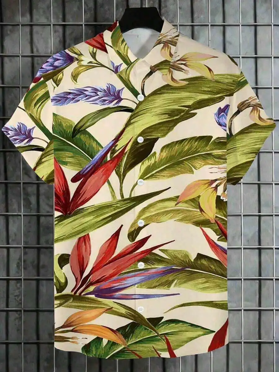 

Mens Hawaiian Shirt With Tropical Bird Of Paradise Print For Beach Summer Casual Wear