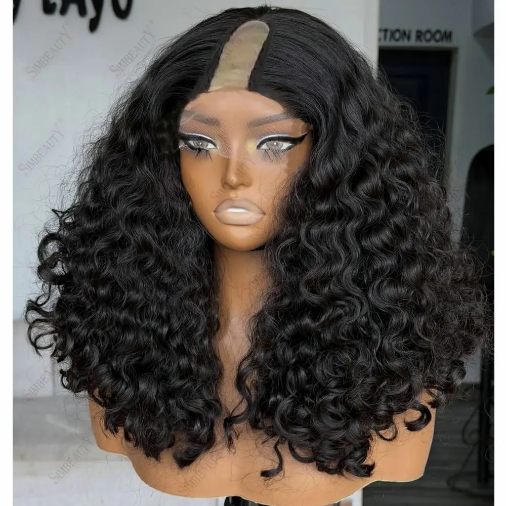 250 Density Remy Brazilian Hair 1x4 Szie Middle U Part Wigs Human Hair Jet Black Deep Wave Curly Machine Made Human Hair Wi