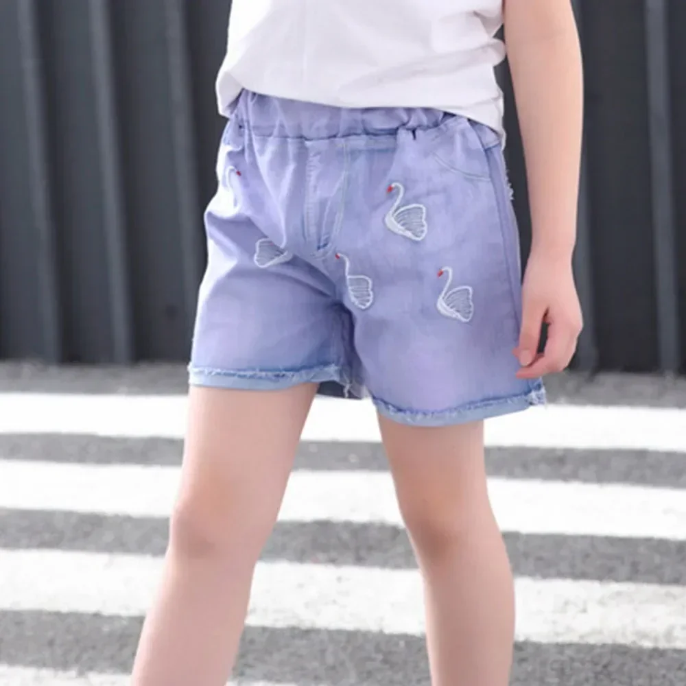 Girls Shorts Jeans Kids Eastic Band Short Pant 2024 Summer 2 To 12 Yrs Children\'s Clothing Teenagers Cartoon Embroidery Trousers