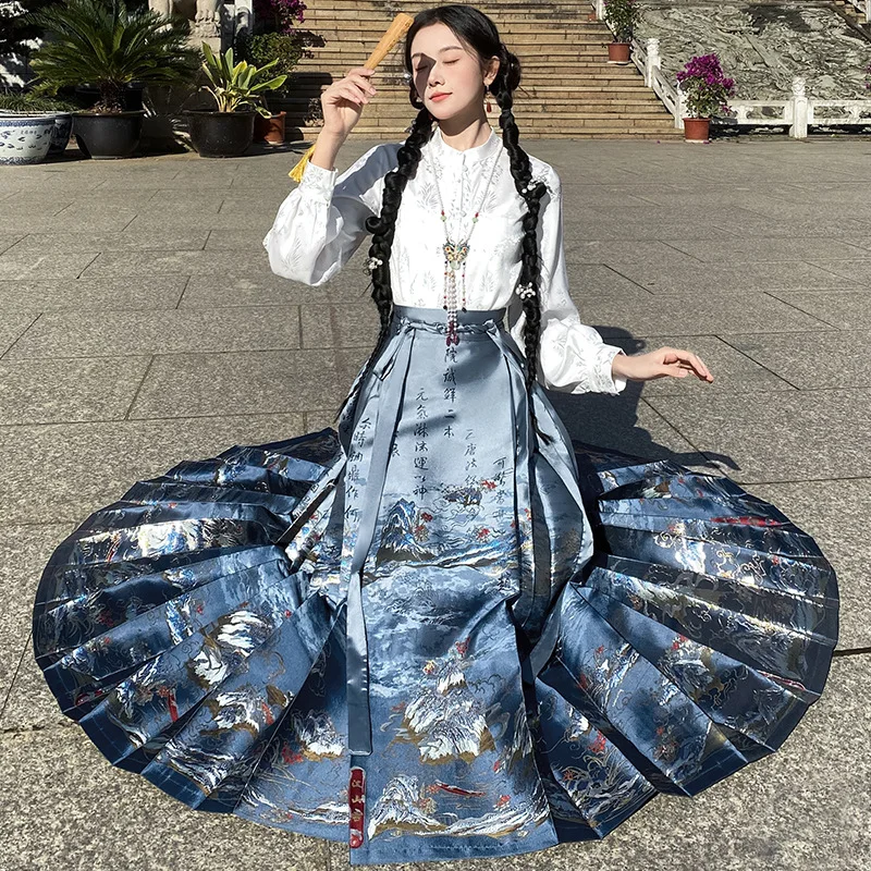 New Hanfu Horse Face Skirt Women 2024 Spring Summe Fashion Weaving Blue White Pleated Skirt Female Chinese Hanfu Skirts