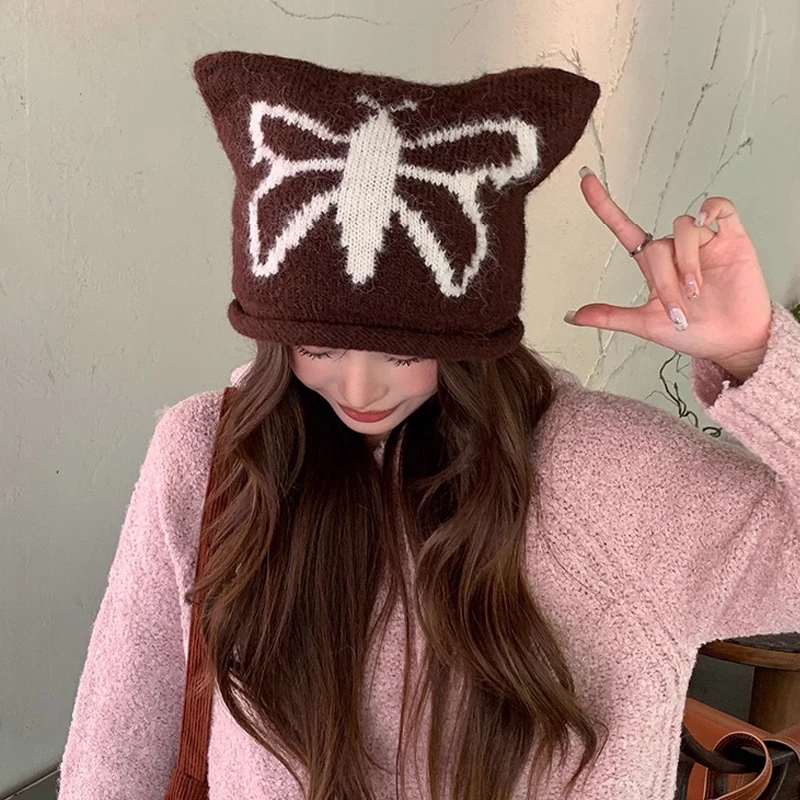 Autunno e inverno nuovo simpatico cappello di lana lavorato a maglia con orecchie di gatto protezione per le orecchie calda da donna