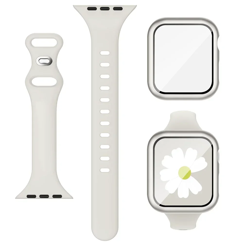 Slim Sport band+Glass+Case For Apple Watch straps 44mm 40mm 45mm 41mm 38mm 42mm Silicone bracelet iWatch series 8 9 7 6 5 4 3 SE