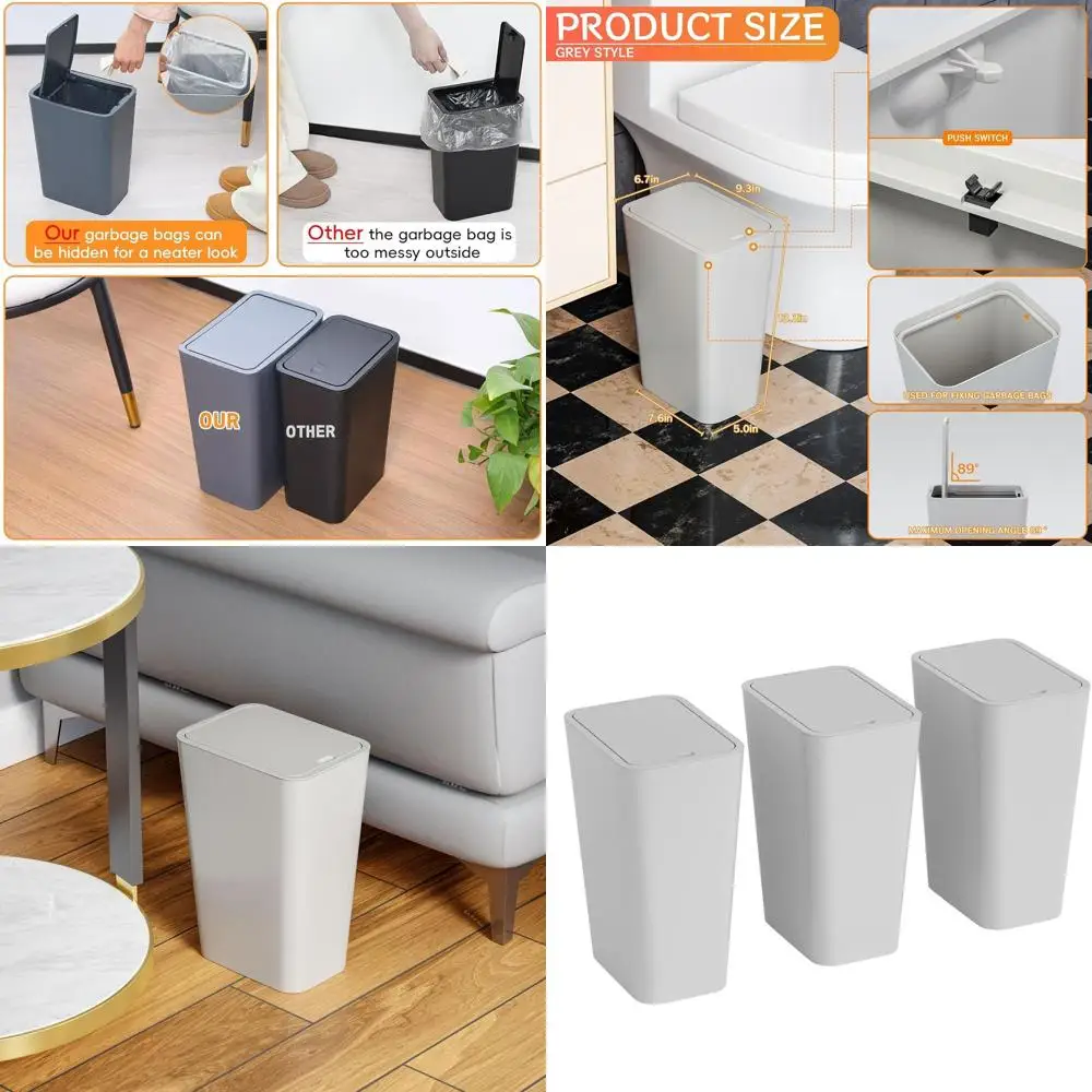 

Grey 3-Piece Slim Trash Cans: 12L Bathroom, 3.17G Pet-Proof Kitchen, Rectangle Waste Baskets for Home & Office