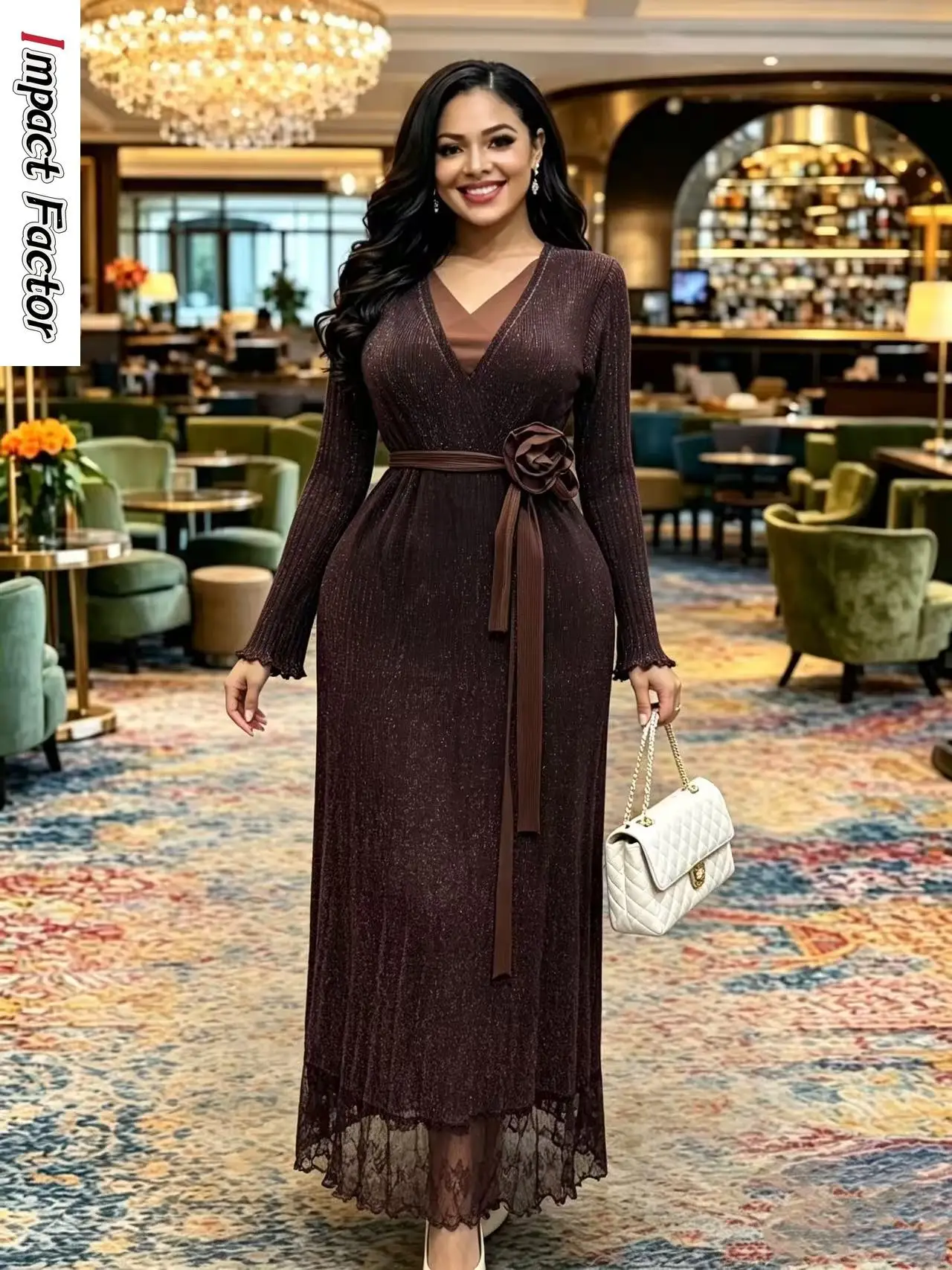 Miyake Elegant New Bronzing Women's Clothing Summer V-neck Long-sleeved Waist and Thin Temperament Lace Dress