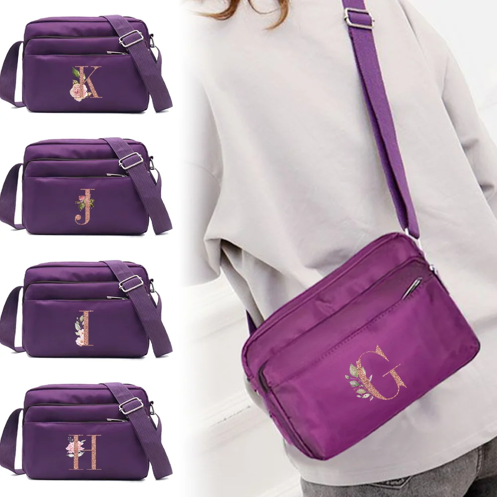 Fashion Large Capacity Rose Gold Letter Printing Series Pattern Purple One Shoulder Crossbody Bag Portable Commuting Storage Bag