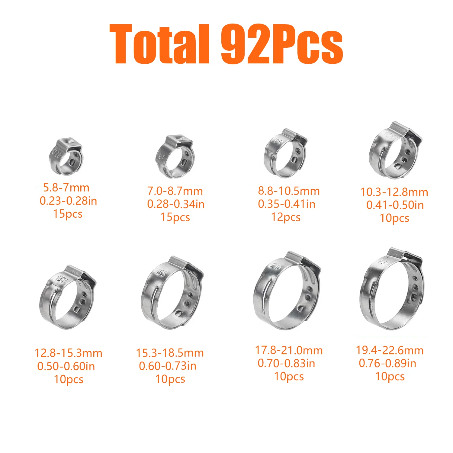 92pcs Hose Clamps 5.8-22.6mm Single Ear Stepless 304 Stainless Steel Hose Clamps Cinch Clamp Rings for Sealing Kinds
