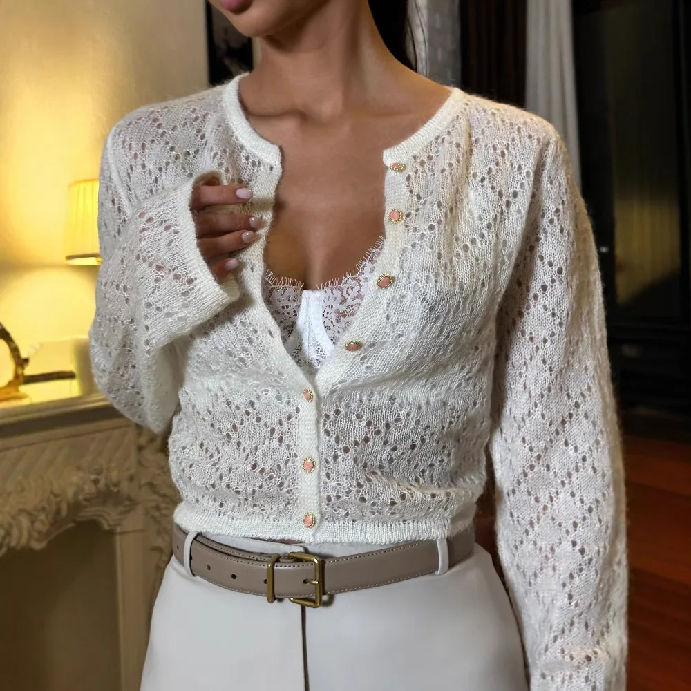 

Hollow Out Knitted Cardigan Blouse Casual Women Long Sleeve Single Breasted O Neck Short Tops Fashion Lady Daily Streetwear