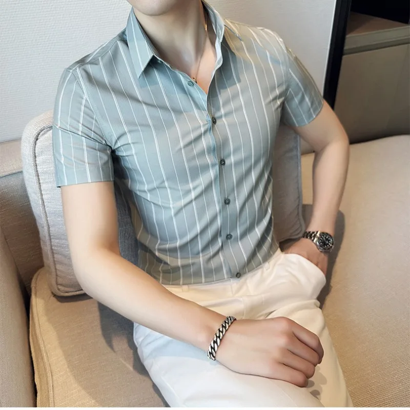 

Summer Man Clothing Smart Casual Stripe Shirt Streetwear Fashion Slim Lapel Anti-wrinkle Green Thin Business Short Sleeve Tops