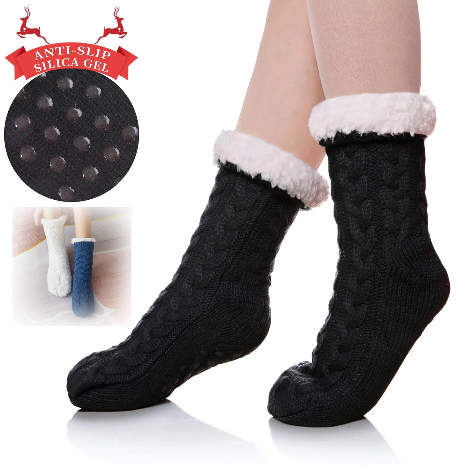 

1 Pair Womens Non Slip Slipper Socks Winter Warm Soft Cozy Fuzzy Fleece-lined Grippers Home Adding Velvet Inside Socks, Black