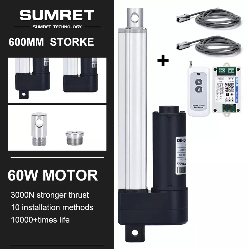 

0-600mm Adjustable Stroke Electric Linear Actuator Kit Motor Forward Reverse Controller Bracket 3000N DC12V 24V Fast Heavy Duty