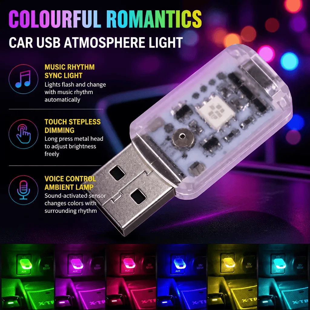 Car Ambient Light USB Atmosphere Lamp RGB Music Sync LED Voice Control Touch Dimming Portable Bedroom Party Decor Lighting