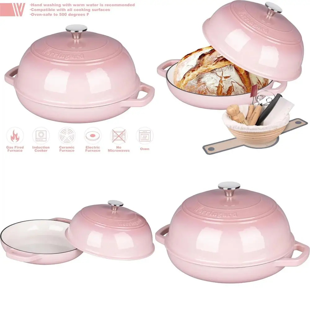 

Чугунная эмалированная жаровня (голландская печь) розового цвета, 6 кварт, с крышкой, идеально подходит для выпечки хлеба и закваски для хлеба.