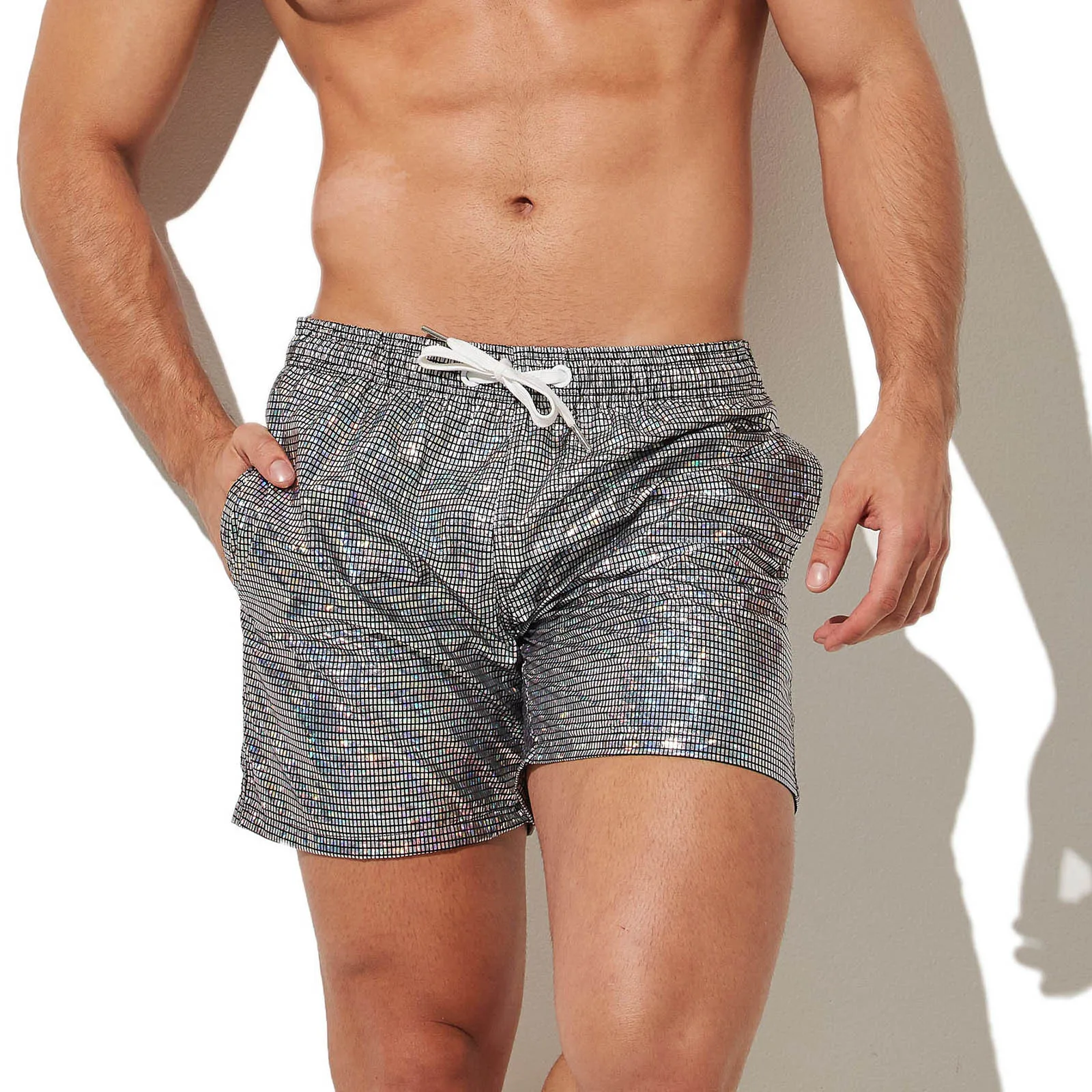 Men's Shiny Metallic Printed Loose Beach Pants, Drawstring Sweatpants, Straight Pants, Sports Shorts, Bathing Suit, Fashion