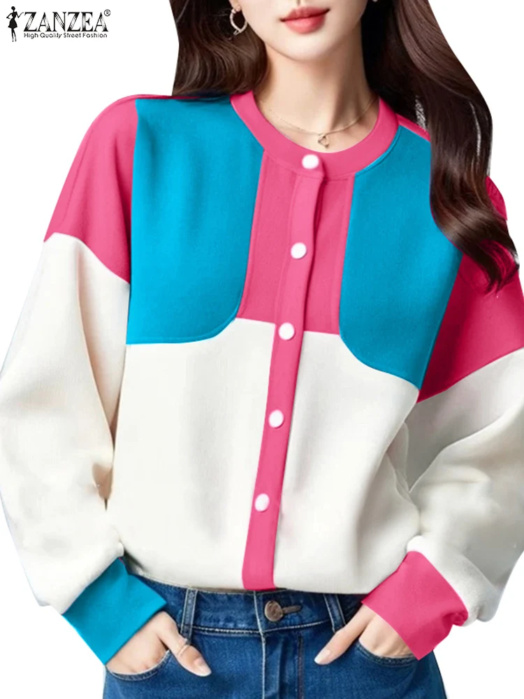 Casual Open Up Colorblock Eenvoudige Jassen ZANZEA Vrouwen Lange Mouwen Jassen 2024 Herfst Ronde Hals Outfits Mode Patchwork Tops