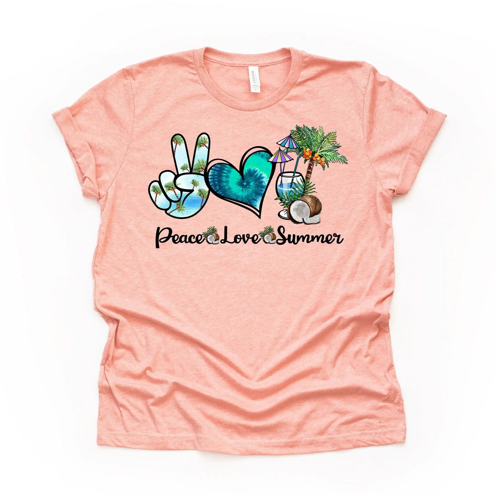 Summer Beach T Shirt Peace Love Palm Coconuts Design On Premium Unisex 2 Color Choices 3X 4X Plus