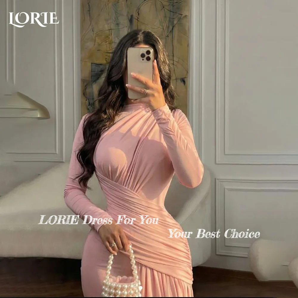 

LORIE High Collar Arabia Evening Dress Shiny Sequins Floor Length Long Sleeves Mermaid Prom Dresses Pleats Party Gown Customized