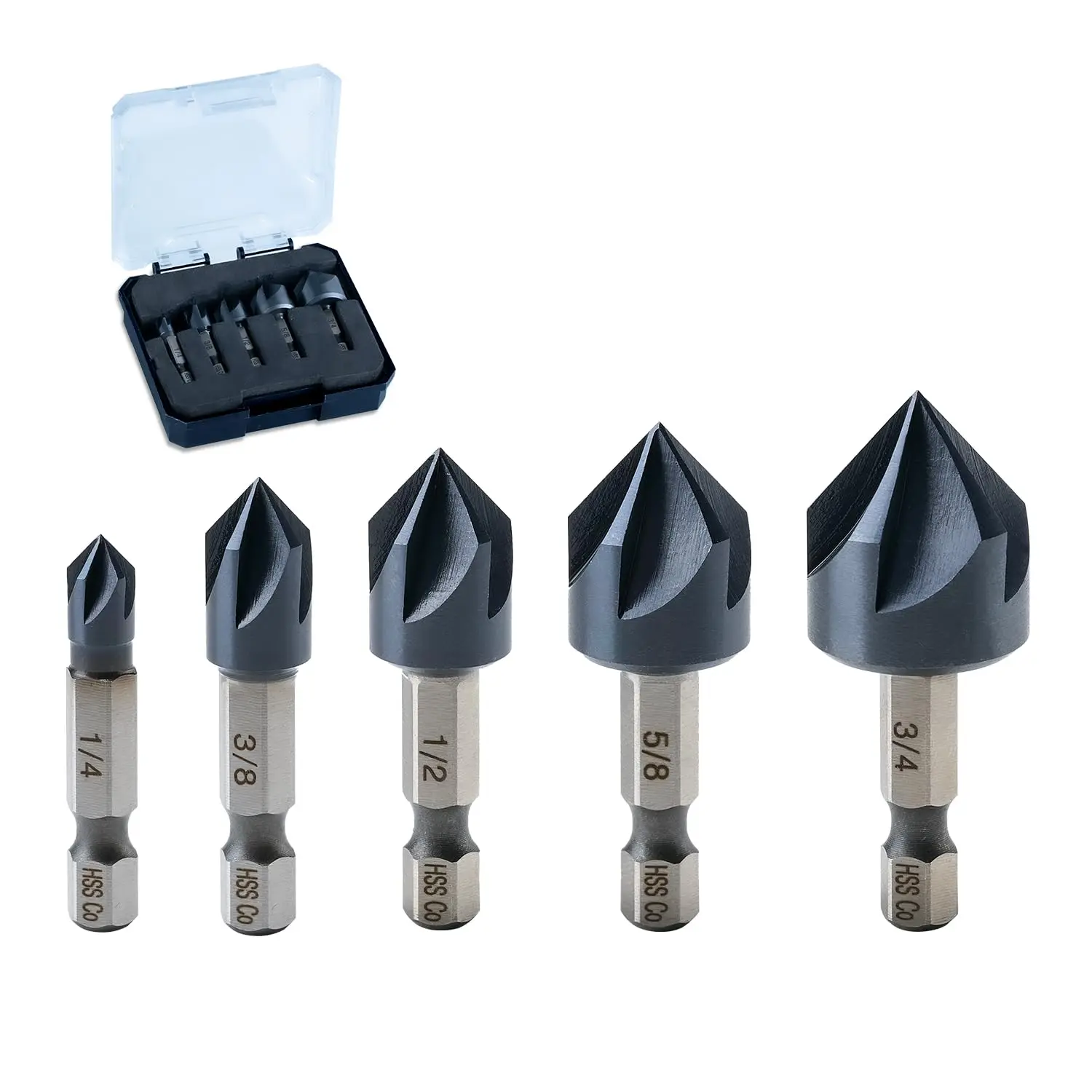 

Professional Titanium Coated Countersink Drill Bit Set, Quick Change Hex Shank, 5-Piece 1/4" - 3/4"