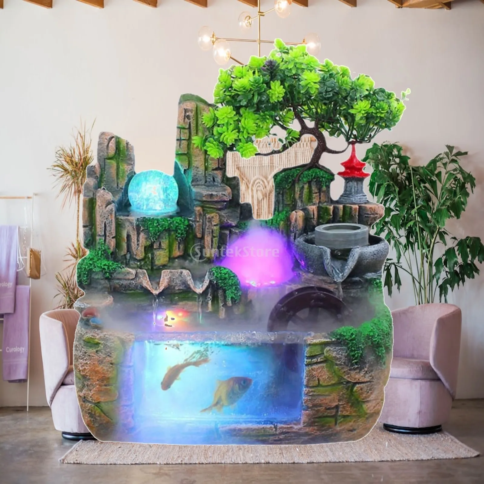 Tabletop Fountain with Aquatic Pets Compartment Stone-Look Tabletop Water Fountain with Mist Indoor Stress-Relief