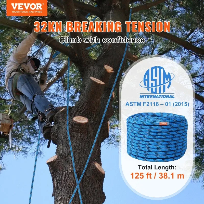 VEVOR 12.7mm Static Climbing Rope 38M(125ft) Outdoor Rock Climbing Rope Blue