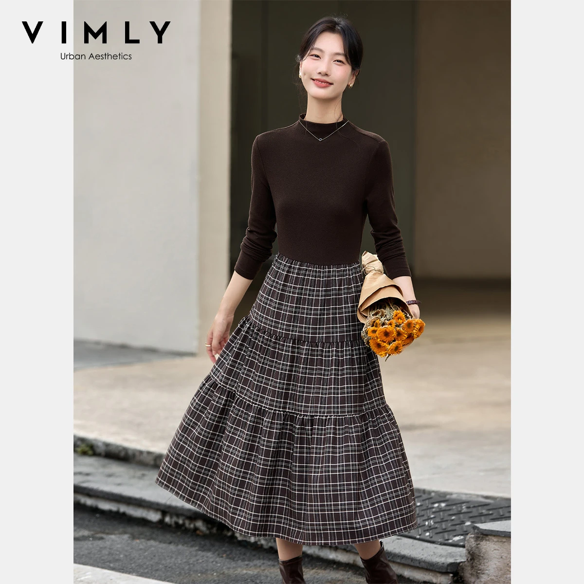 

VIMLY Dresses 2025 Woman Autumn Casual Brown Plaid Splicing Knitted Ladies Dress Stand Neck Long Sleeve Tiered Midi Dress A2925