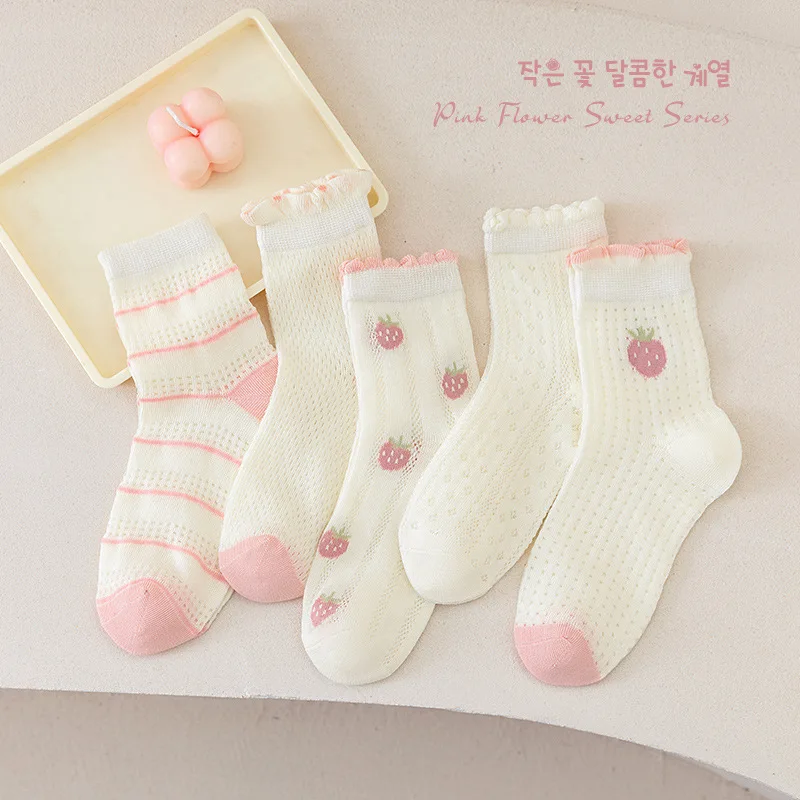 

Носки для девочек, весенне-летние тонкие хлопковые носки, сетчатые дышащие летние милые розовые японские носки среднего размера для маленьких девочек
