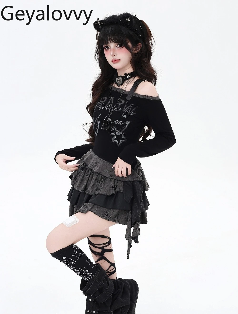 

Long Sleeve Subculture Style Tees Ripped Off-Shoulder Slim Fit Tops Sweet Cute Women's Autumn New Versatile Short T-Shirt