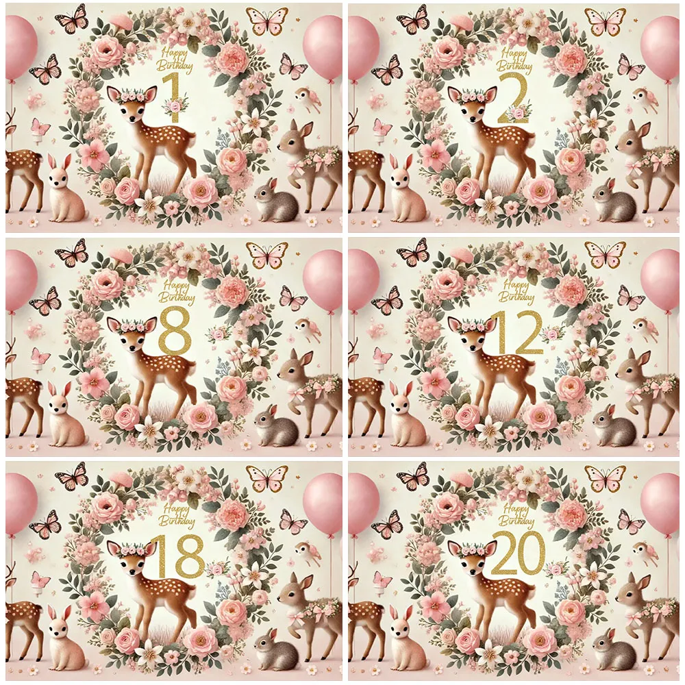Cute Deer Backdrop Flower And Fawn Birthday Party Decorations Customized Sparkling Number Beautiful Jungle Wild Animals Banner