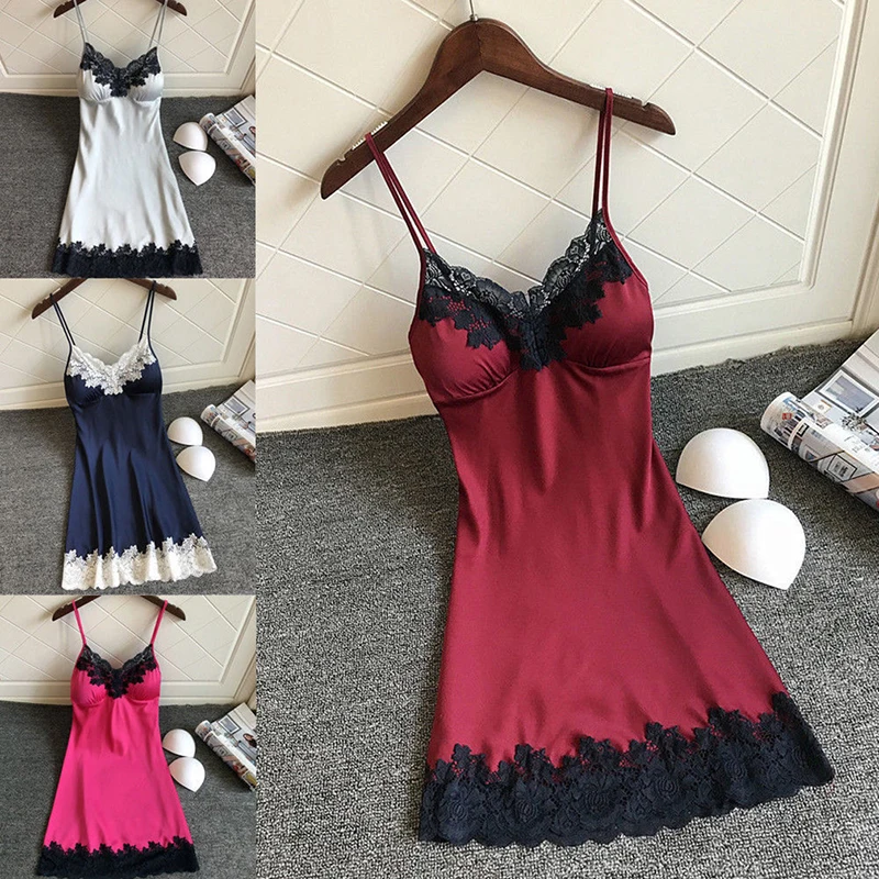 Women Sexy Lingerie Summer Silk Night Gown Lace Patchwork Mini Night Dress Spaghetti Strap Sleepwear Ladies With Chest Pads