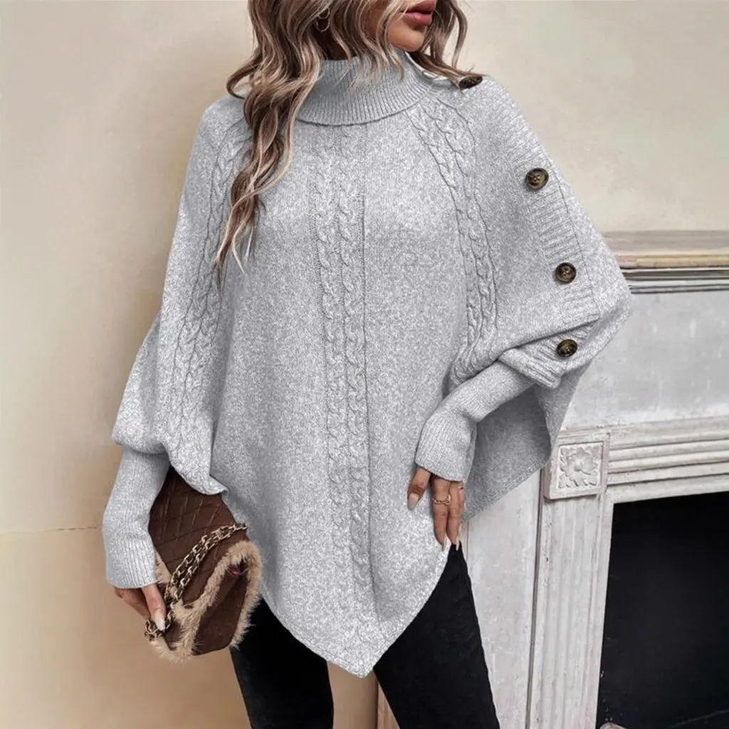 

French Style High Collar Knitted Sweater With Button Decoration And Bat Pattern Autumn Winter Twist Flower Design Women's Top