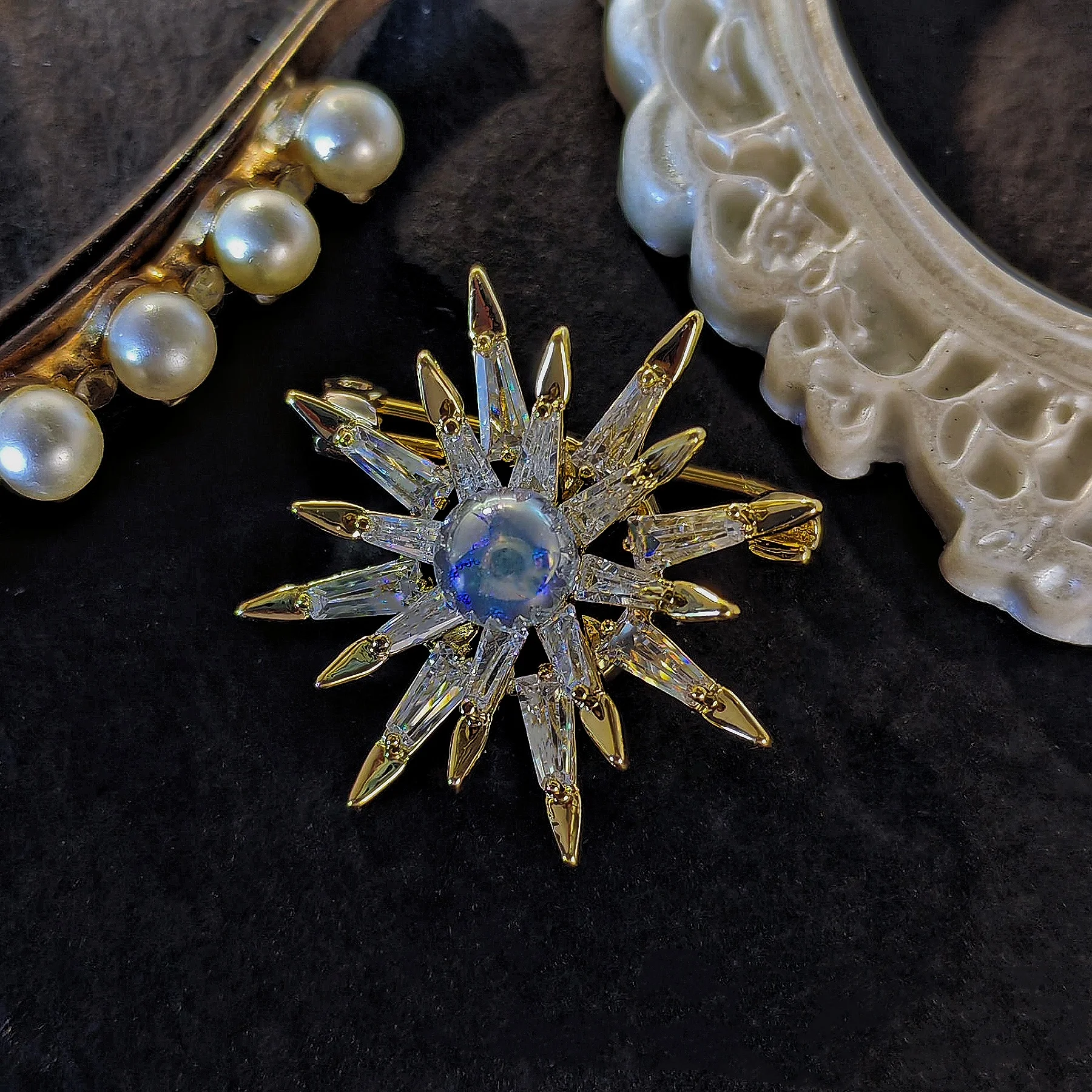 Gorgeous Two-Tiered Baguette CZ & Pearl Starburst Brooch Pin