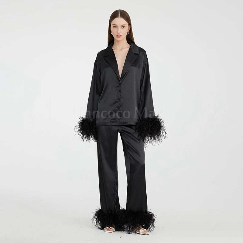 Women Silk Feather Pajamas Sets Spring Summer Lady Natural Ostrich Feather Suit S5393