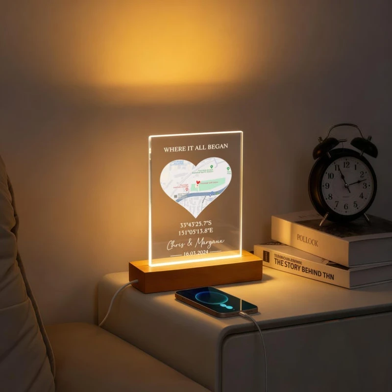 

Подарок на День святого Валентина: персонализированная акриловая LED-лампа с картой места, где мы впервые встретились, романтический ночник для пар.