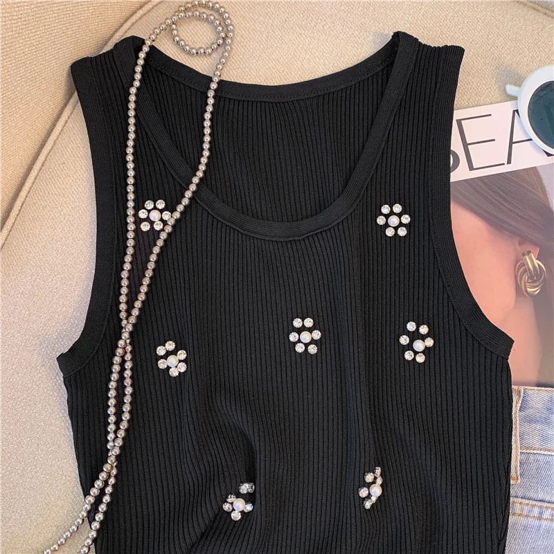 Pearl Diamonds Beaded Sweater Vest Crop Tops Women Korean Sexy Elegant Stylish Knitwear 2024 Summer Sleeveless O-neck Jumpers