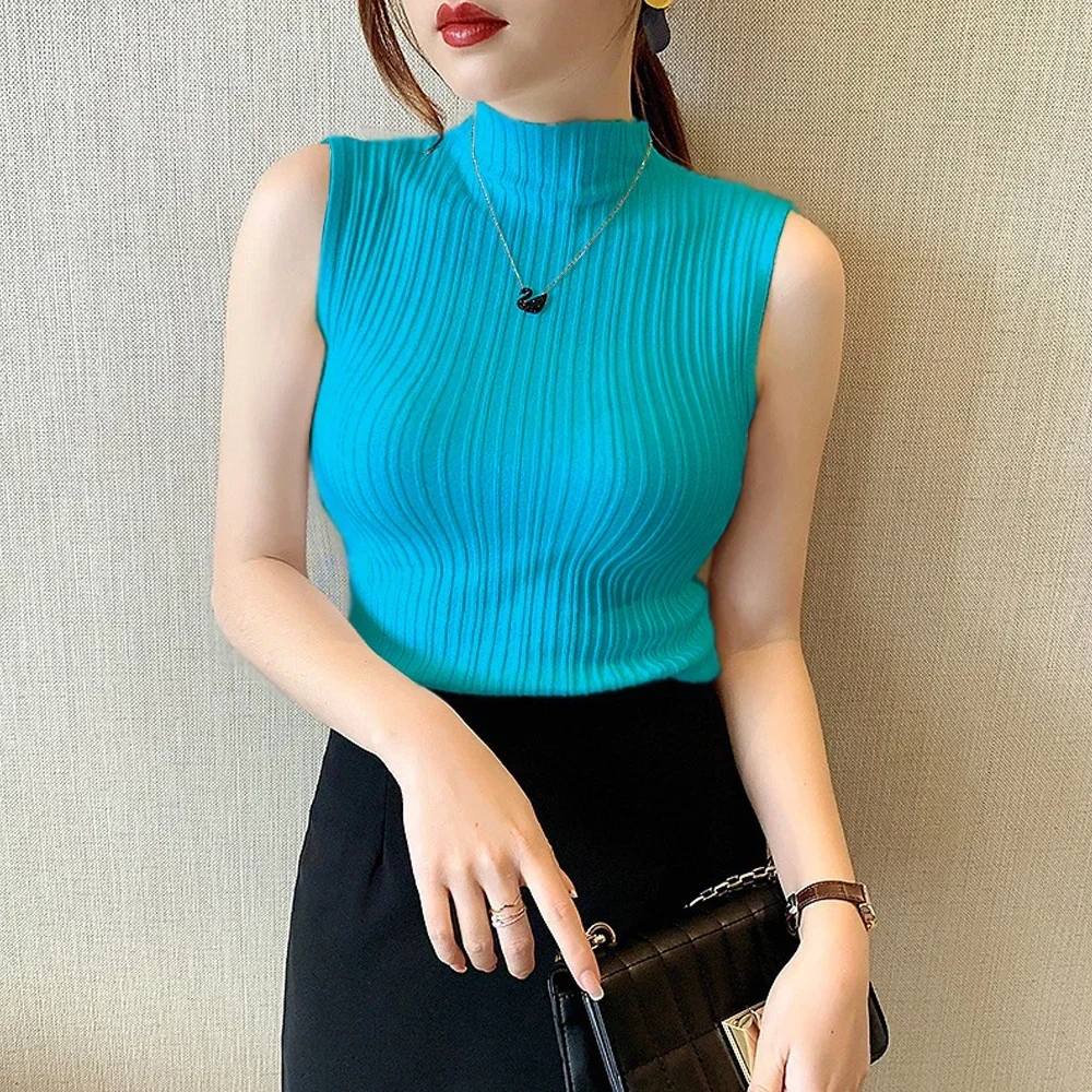 Purple Blue Orange Green Yellow Knitting T Shirt Solid Slim Thin Sleeveless Vest Half High Neck Shirt Women S-2XL Sweater Tops