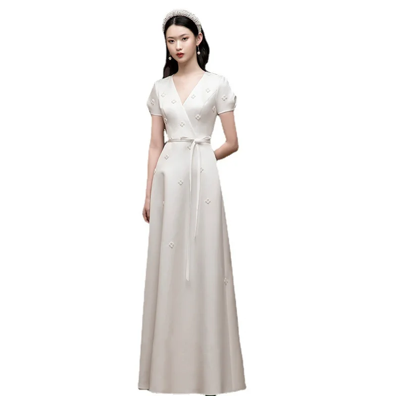 Elegante vestido de brinde de casamento verão branco com decote em v cetim vestidos de noite feminino simples manga curta a linha vestidos de baile