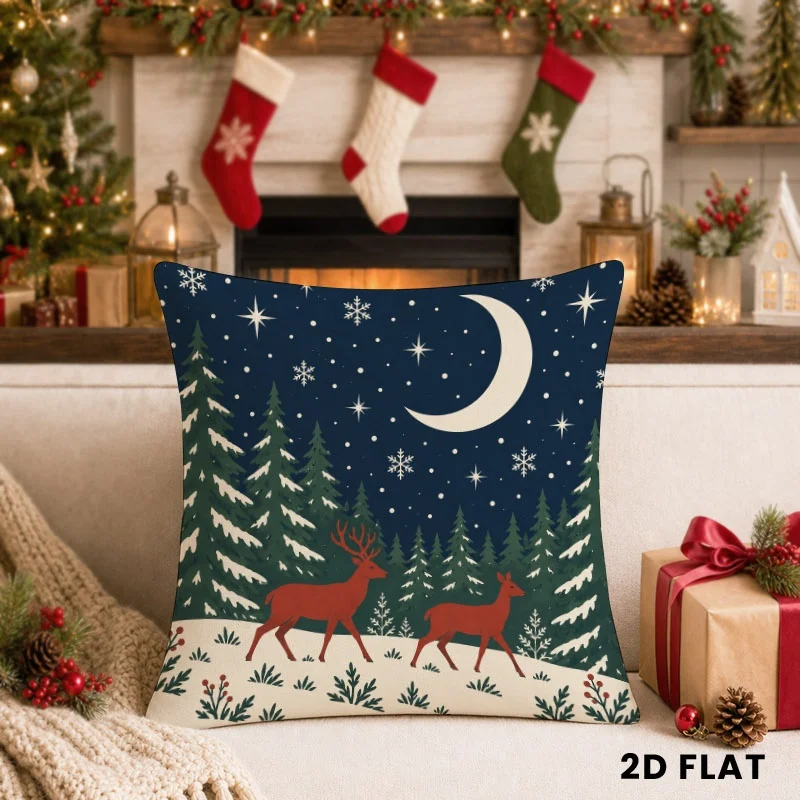 Christmas Forest Night Moon Deer Pajama Throw Pillow Xmas Holiday Decor Seasonal Accent Cushion