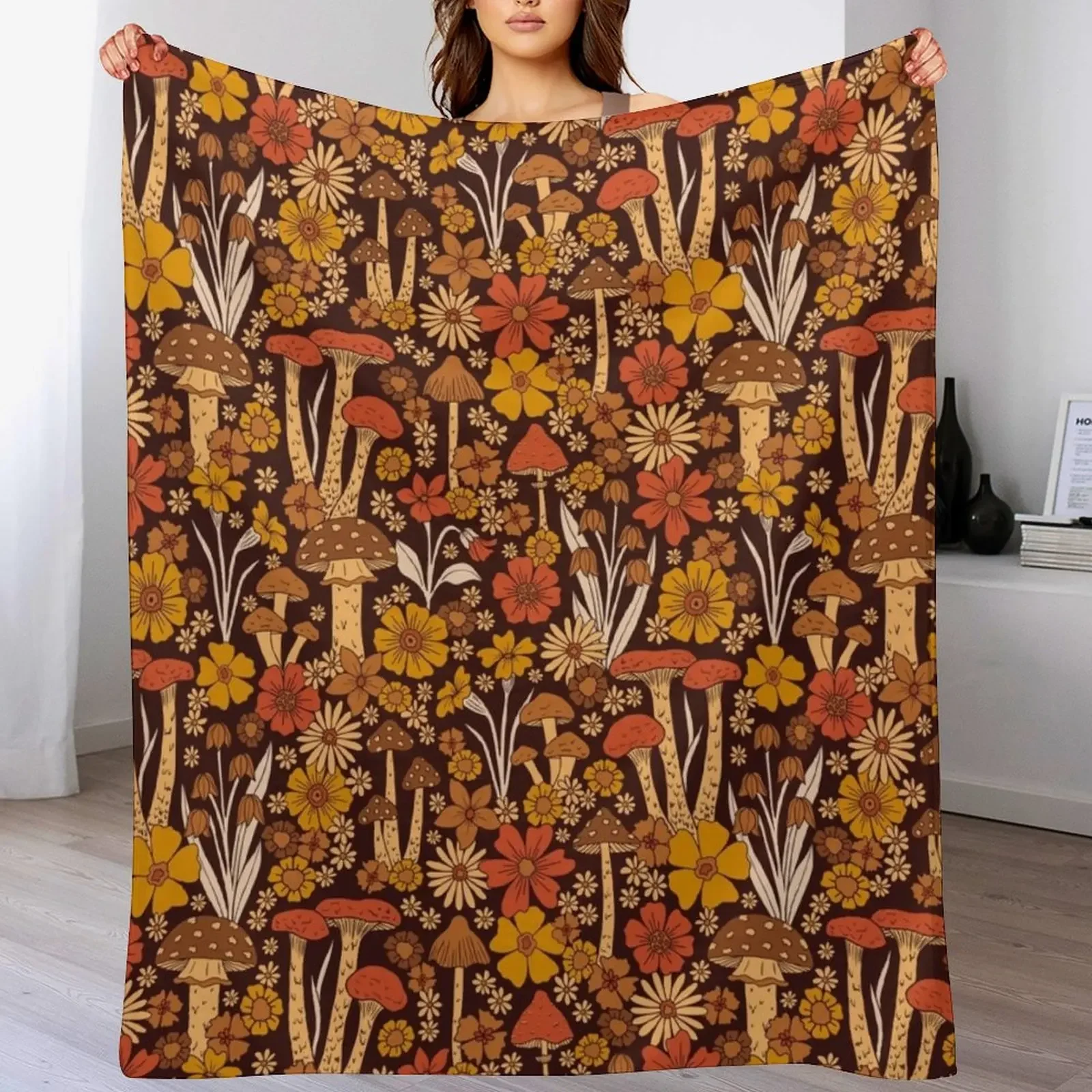

Retro 1970s Brown & Orange Mushrooms & Flowers Throw Blanket Summer Beddings blankets ands Thermal Blankets