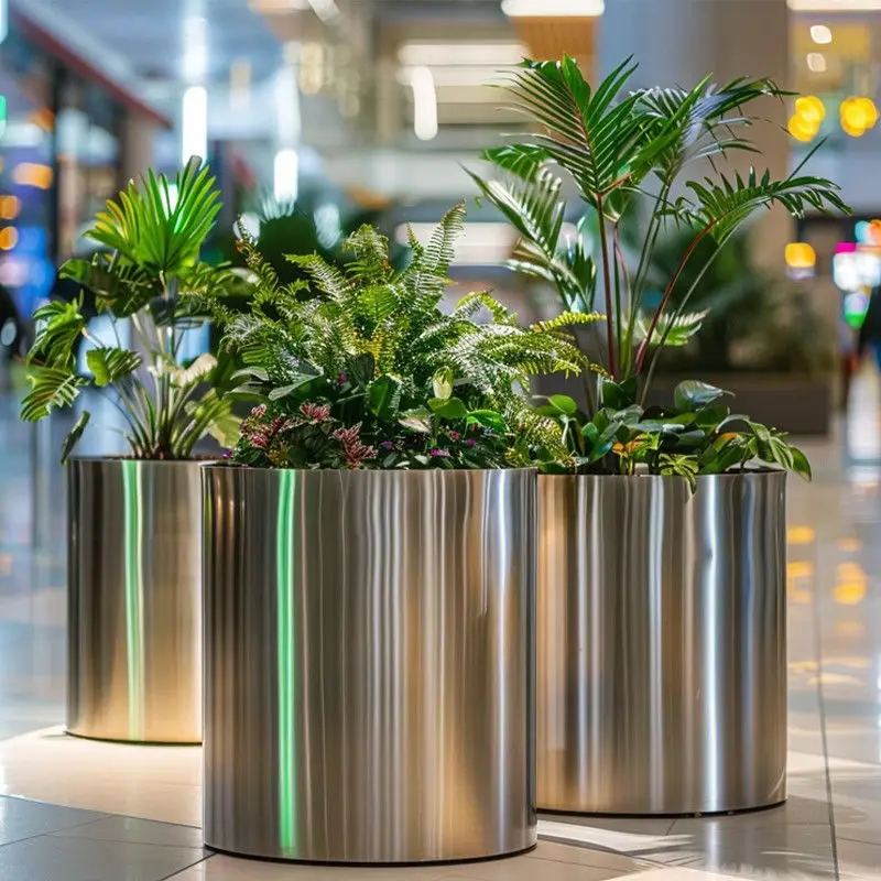 Stainless steel cylindrical device outdoor high-grade cylindrical gardening simple large flower box metal large flower box