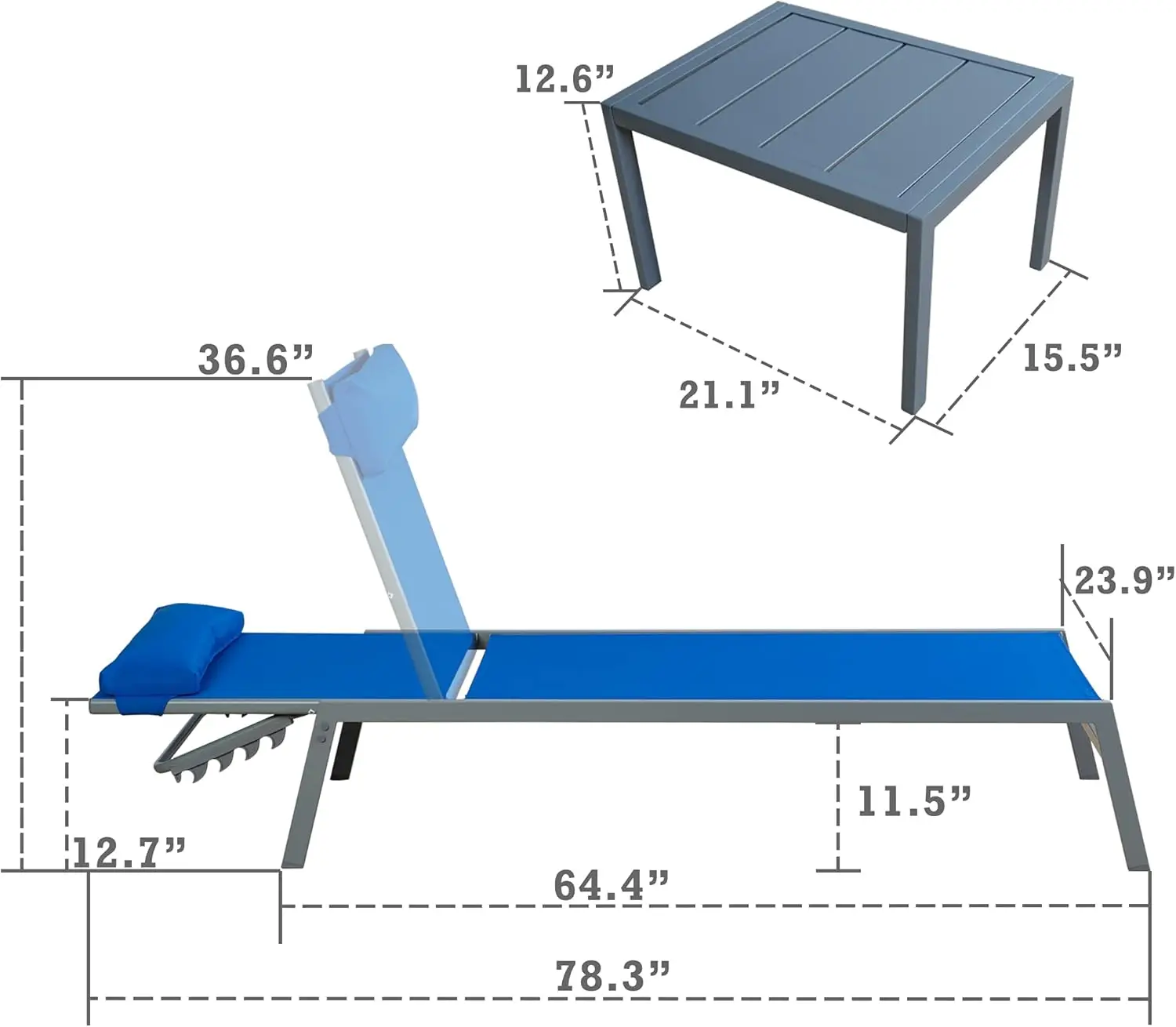 Adjustable Back & Pillow for Yard,Garden,Sunbathing (2 Pack) (Blue W/Table)