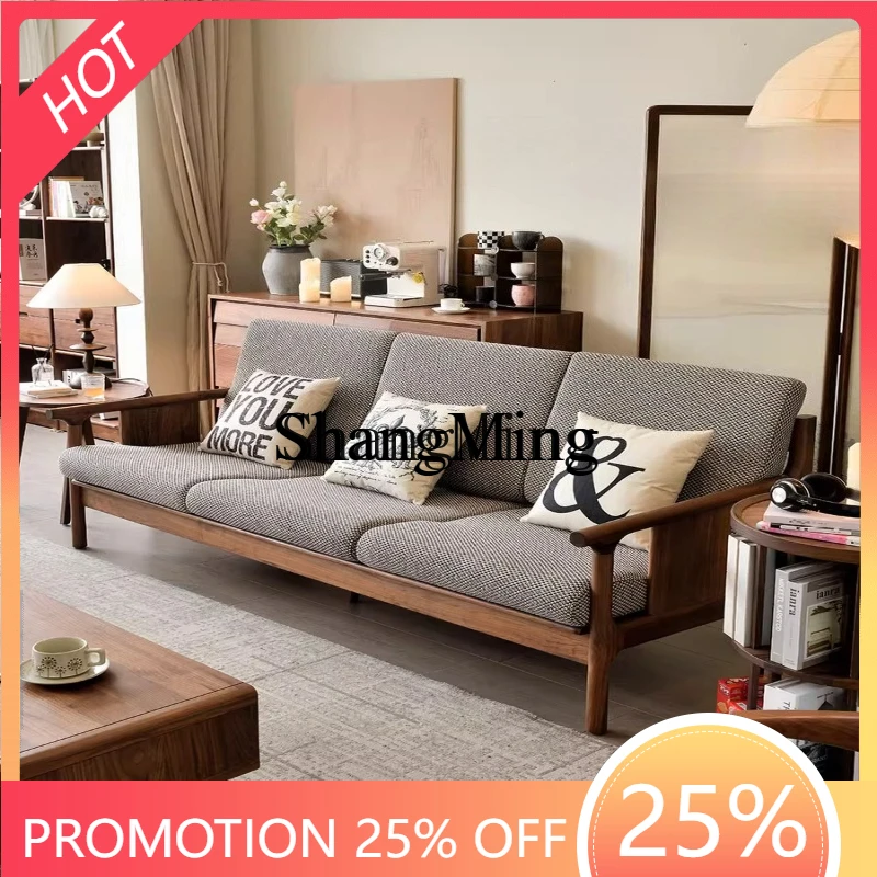 SM household all-solid wood fabric sofa new Chinese style three-person minimalist living room furniture