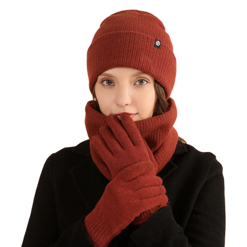 Ensemble de gants à écran tactile pour hommes et femmes, bonnet, chapeau, écharpe, cache-cou, doublé de sourire en tricot chaud, hiver